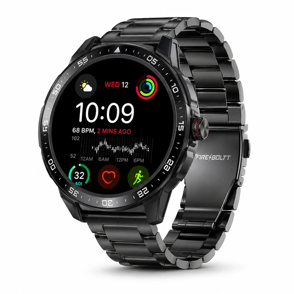 Fire-Boltt Invincible Plus 1.43" AMOLED Bluetooth Calling Smartwatch with 4GB Storage | Black Metal Strap