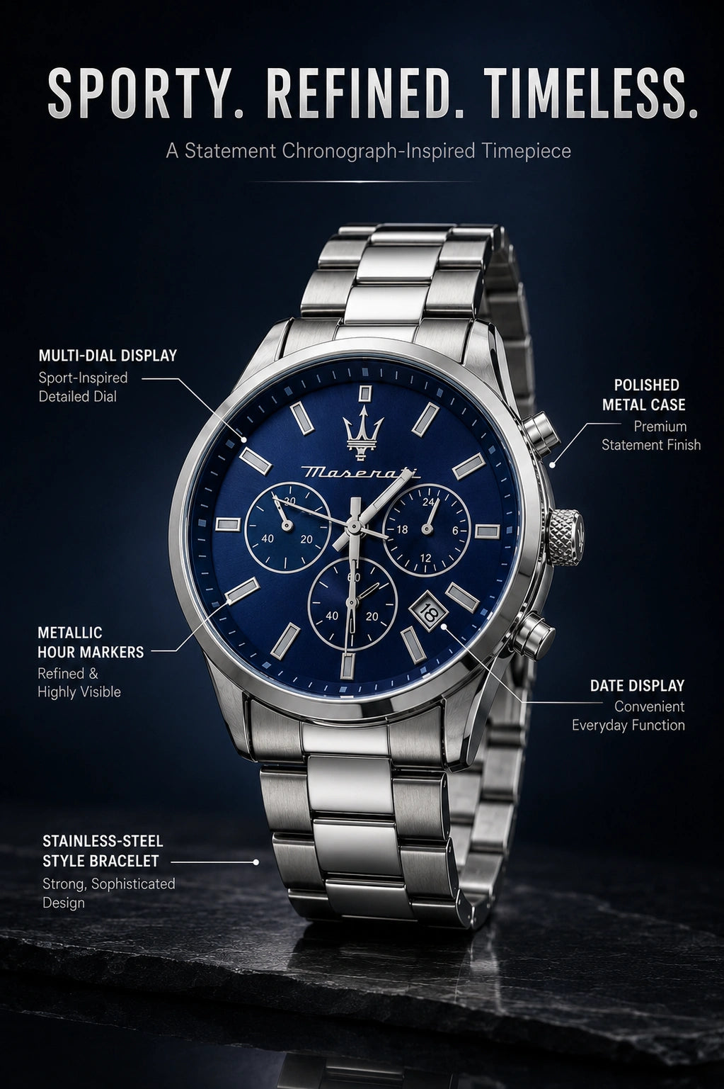 Maserati Men's Chronograph Watch | Blue Sunburst Dial | Silver Stainless Steel Bracelet
