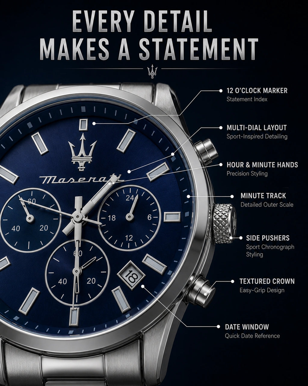 Maserati Men's Chronograph Watch | Blue Sunburst Dial | Silver Stainless Steel Bracelet
