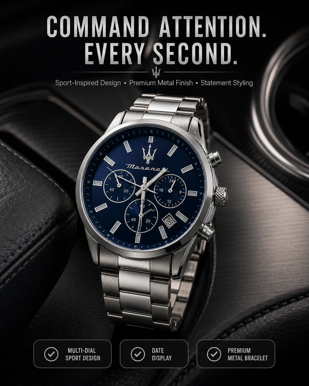 Maserati Men's Chronograph Watch | Blue Sunburst Dial | Silver Stainless Steel Bracelet