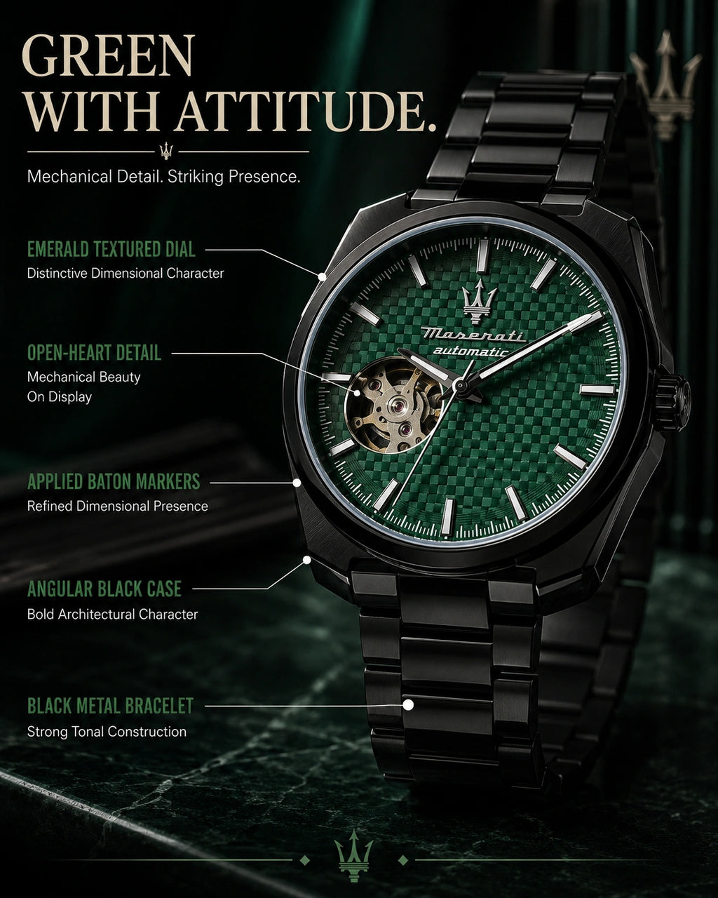 Maserati Men's Automatic Open-Heart Watch | Emerald Green Dial | Black Stainless Steel Bracelet