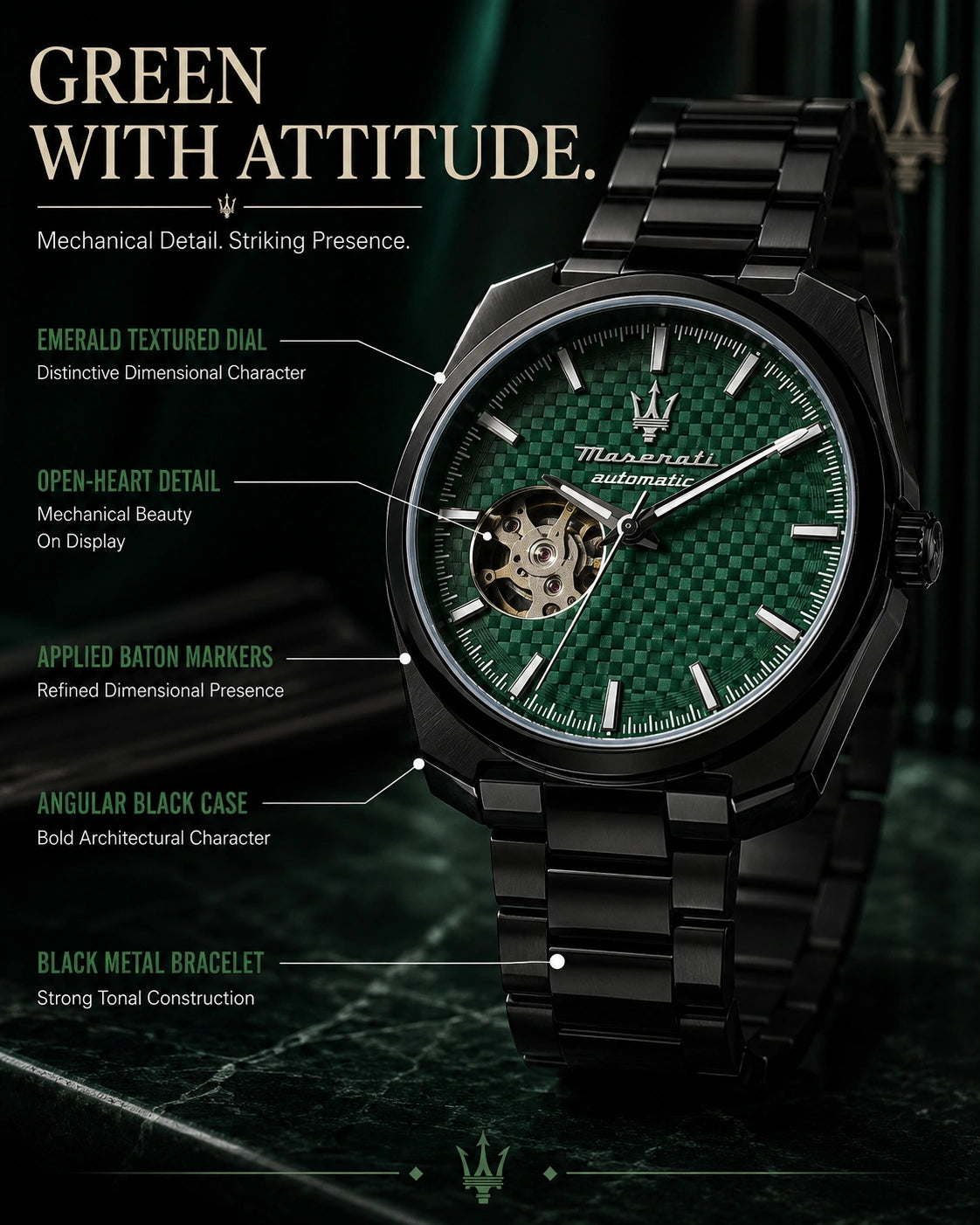 Maserati Men's Automatic Open-Heart Watch | Emerald Green Dial | Black Stainless Steel Bracelet