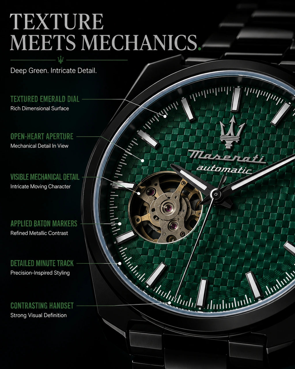 Maserati Men's Automatic Open-Heart Watch | Emerald Green Dial | Black Stainless Steel Bracelet