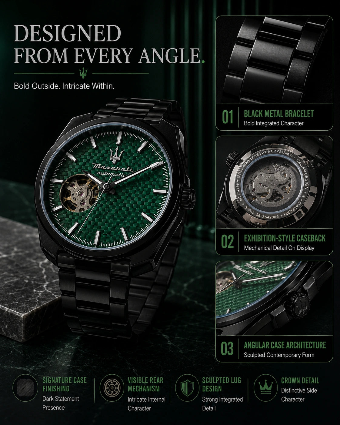 Maserati Men's Automatic Open-Heart Watch | Emerald Green Dial | Black Stainless Steel Bracelet