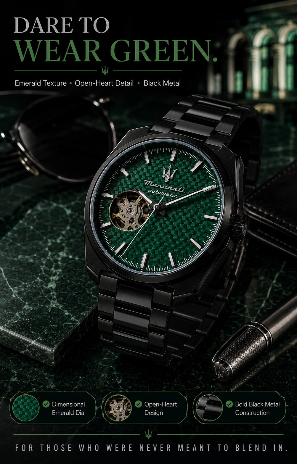 Maserati Men's Automatic Open-Heart Watch | Emerald Green Dial | Black Stainless Steel Bracelet