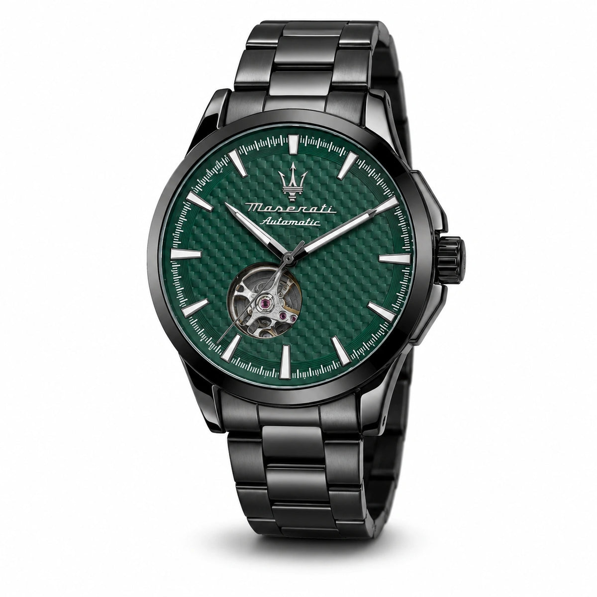 Maserati Men's Automatic Open-Heart Watch | Emerald Green Dial | Black Stainless Steel Bracelet