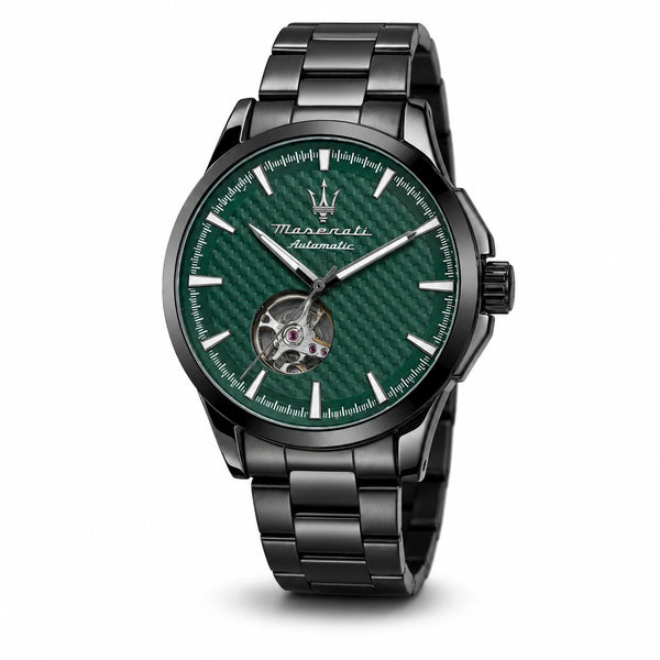 Maserati Men's Automatic Open-Heart Watch | Emerald Green Dial | Black Stainless Steel Bracelet