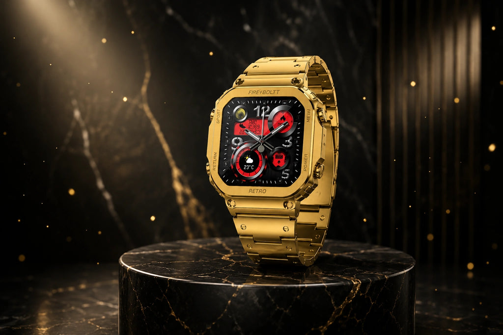 Fire-Boltt Retro Luxury Smartwatch with Bluetooth Calling, Premium Metal Strap & HD Display (Gold)