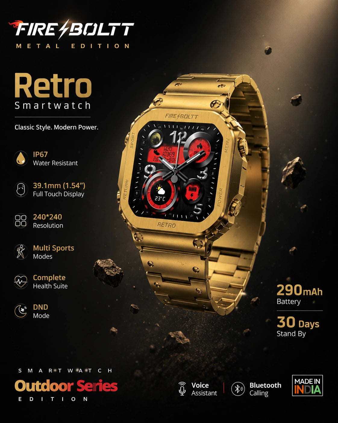 Fire-Boltt Retro Luxury Smartwatch with Bluetooth Calling, Premium Metal Strap & HD Display (Gold)