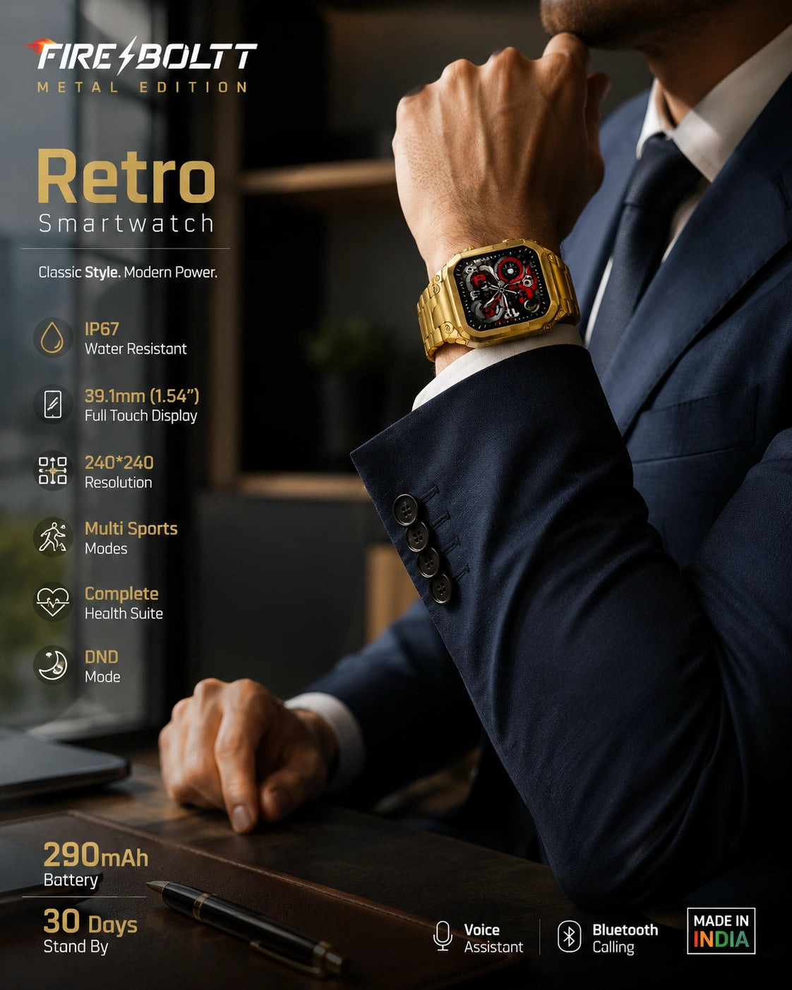 Fire-Boltt Retro Luxury Smartwatch with Bluetooth Calling, Premium Metal Strap & HD Display (Gold)
