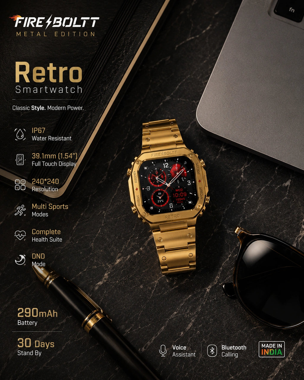 Fire-Boltt Retro Luxury Smartwatch with Bluetooth Calling, Premium Metal Strap & HD Display (Gold)