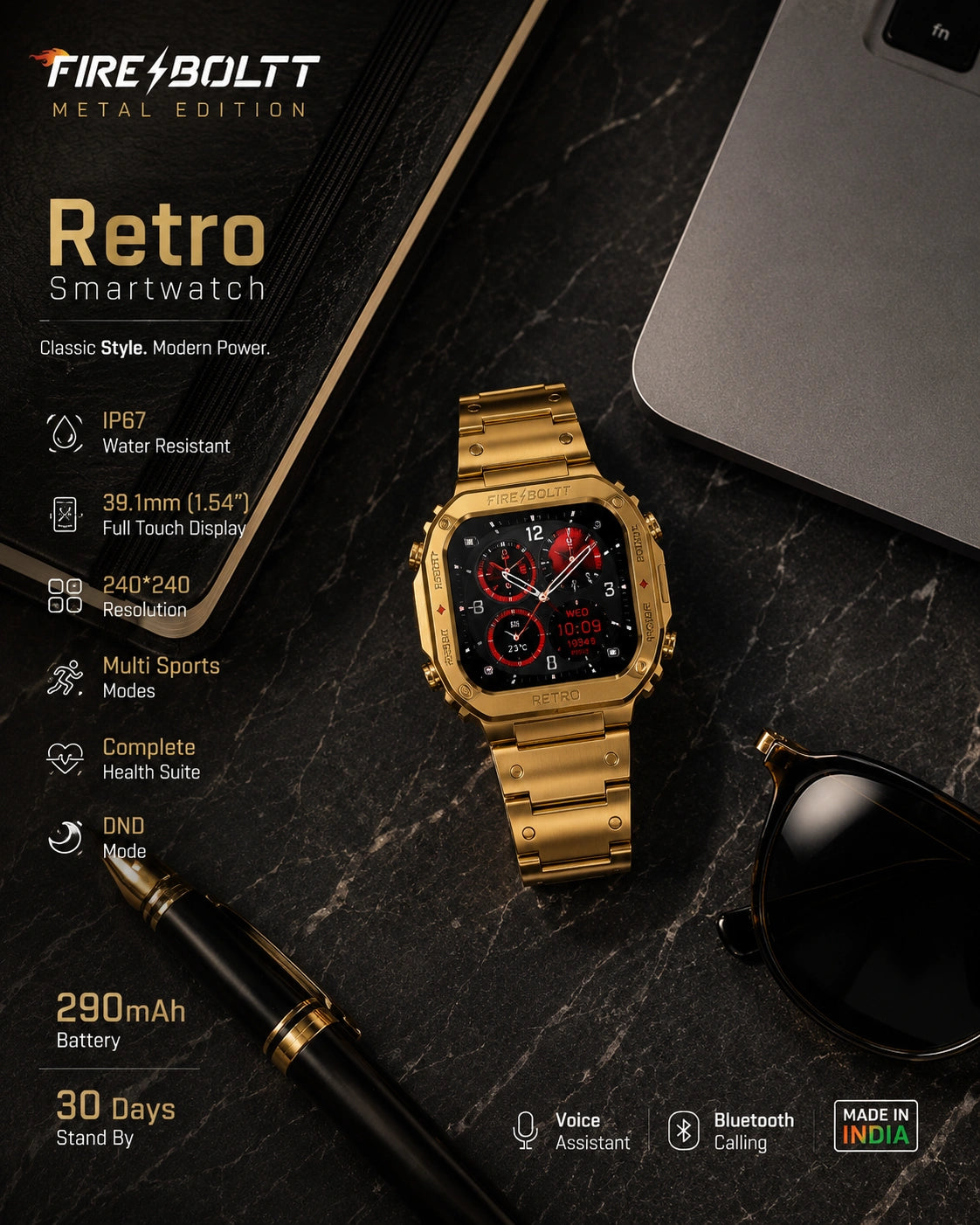 Fire-Boltt Retro Luxury Smartwatch with Bluetooth Calling, Premium Metal Strap & HD Display (Gold)