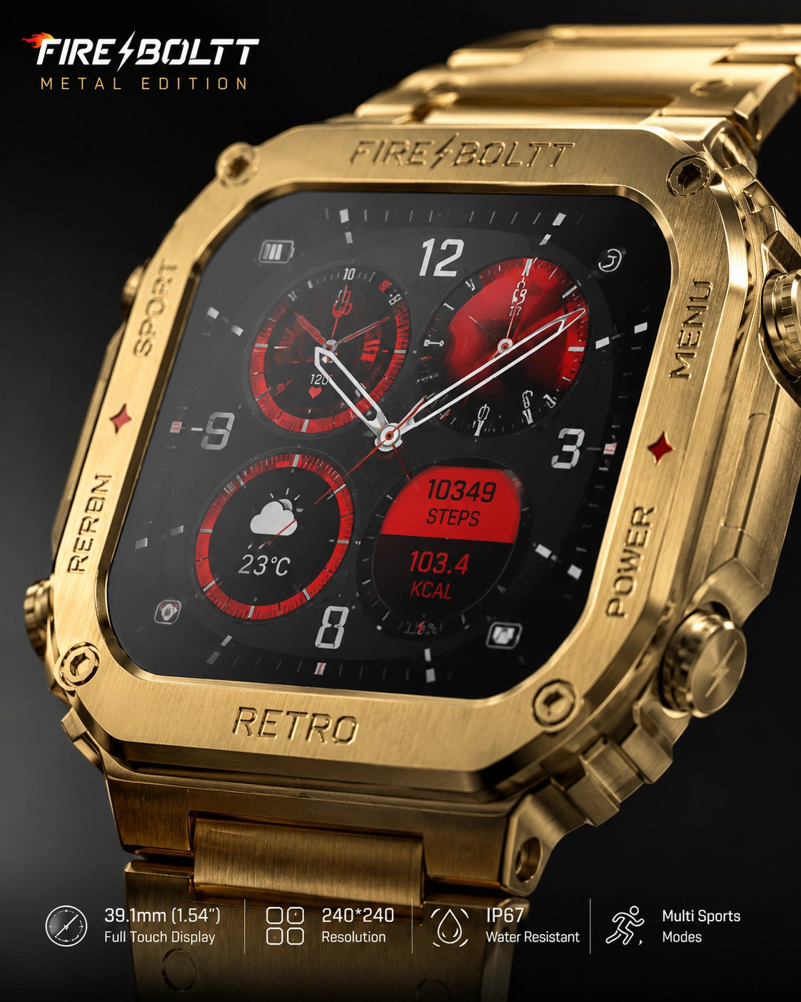 Fire-Boltt Retro Luxury Smartwatch with Bluetooth Calling, Premium Metal Strap & HD Display (Gold)