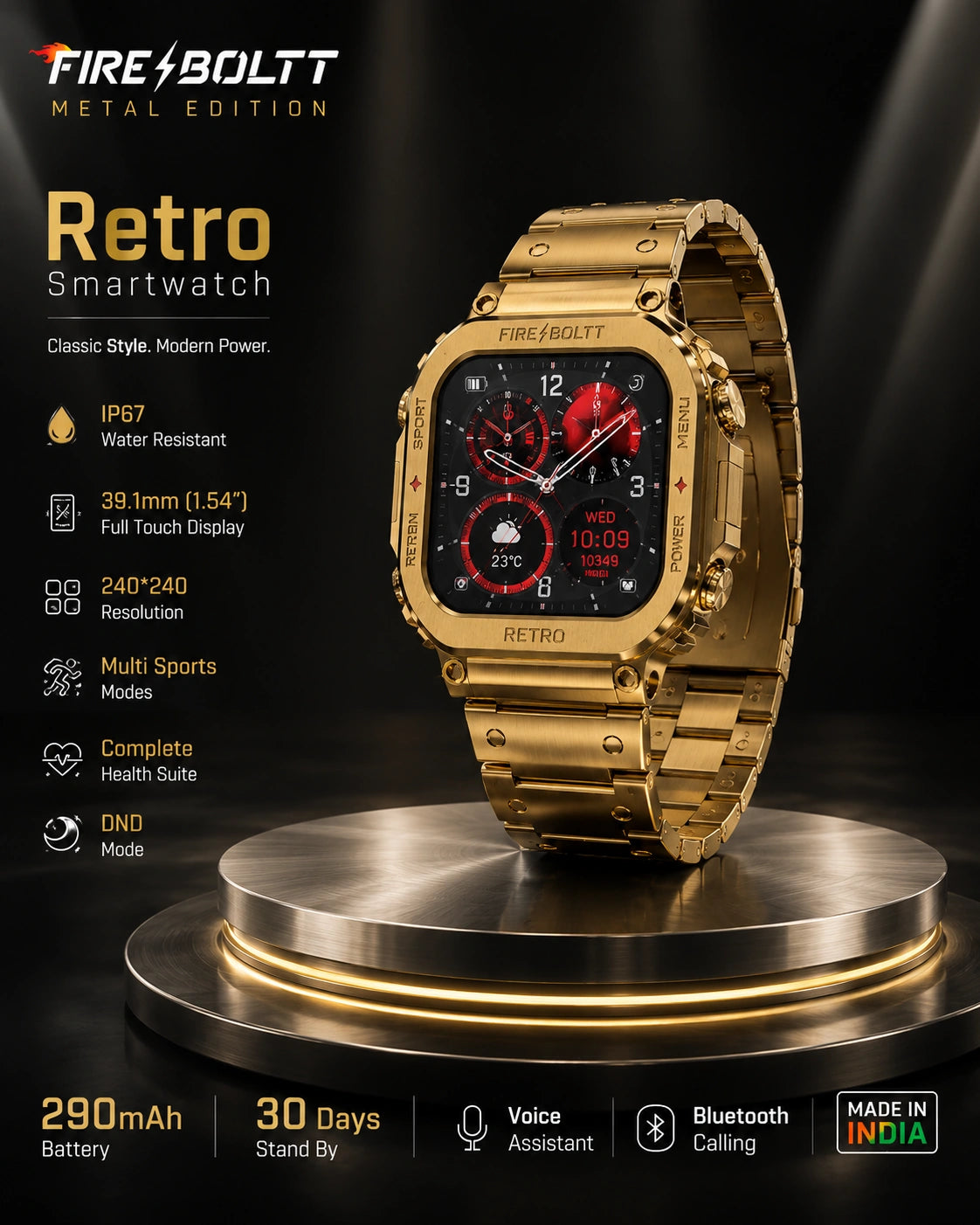 Fire-Boltt Retro Luxury Smartwatch with Bluetooth Calling, Premium Metal Strap & HD Display (Gold)