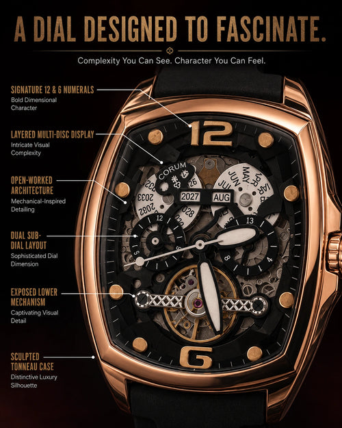 Corum Automatic Skeleton Watch | Rose Gold Tonneau Case | Open-Worked Dial | Black Silicone Strap