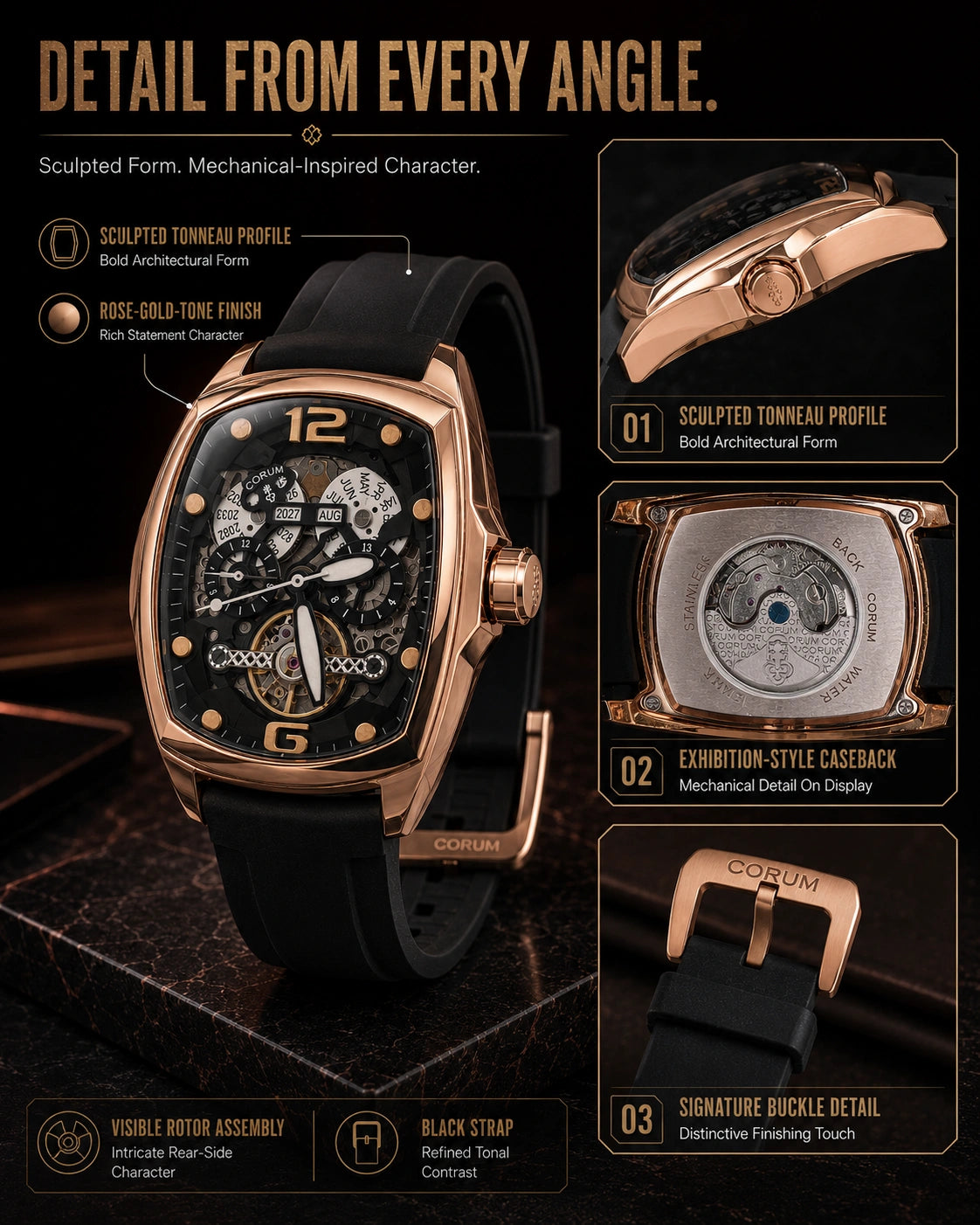 Corum Automatic Skeleton Watch | Rose Gold Tonneau Case | Open-Worked Dial | Black Silicone Strap