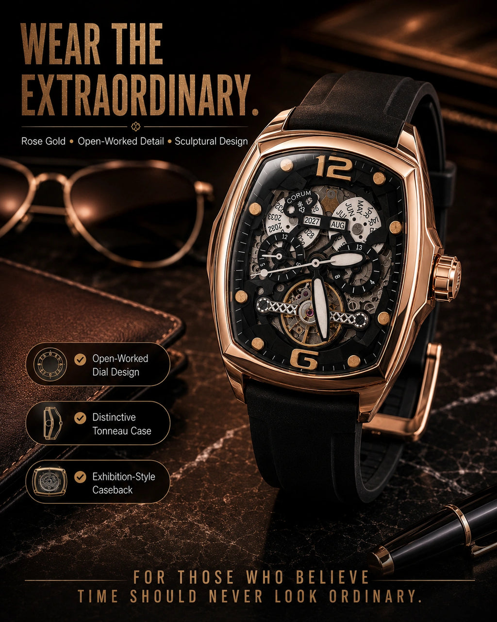 Corum Automatic Skeleton Watch | Rose Gold Tonneau Case | Open-Worked Dial | Black Silicone Strap