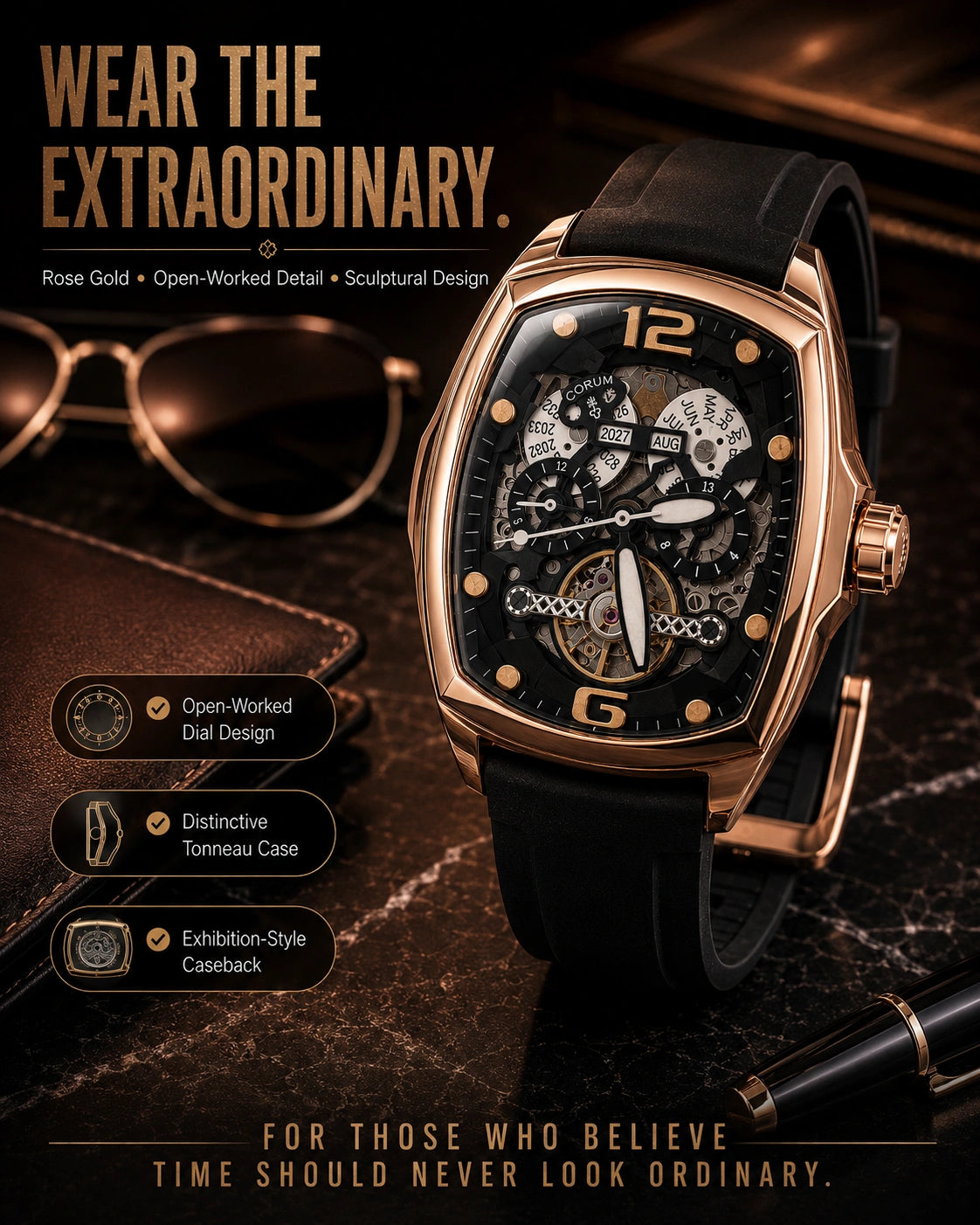 Corum Automatic Skeleton Watch | Rose Gold Tonneau Case | Open-Worked Dial | Black Silicone Strap