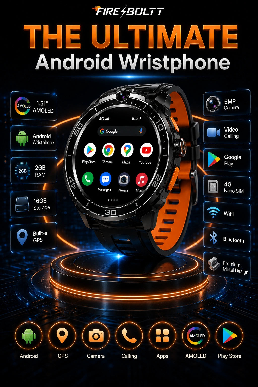 Fire-Boltt SHOTT 4G Android Smartwatch with 1.51" AMOLED Display, 5MP Camera & Nano SIM Support