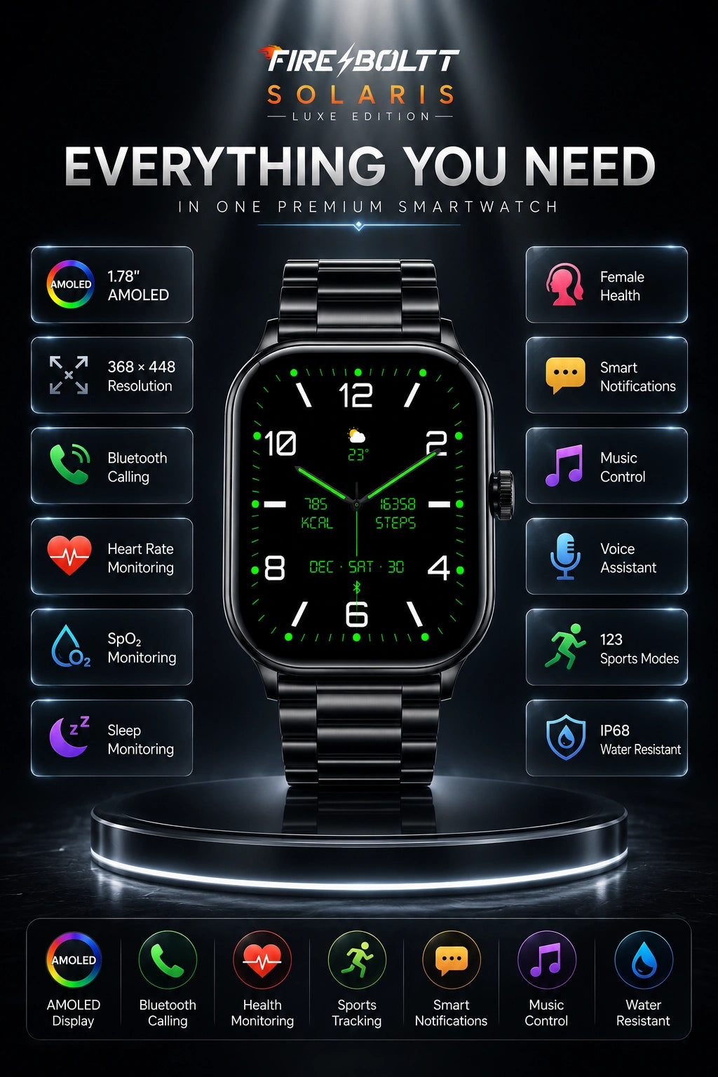 Fire-Boltt Solaris Smartwatch with Bluetooth Calling, AMOLED Display & 123 Sports Modes
