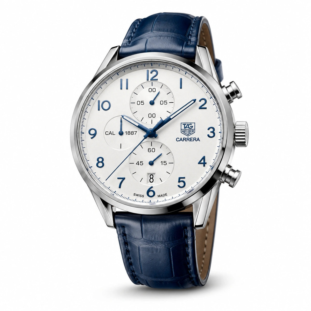 TAG Heuer Carrera Chronograph Watch | Ivory Dial | Blue Leather Strap | Stainless Steel Case