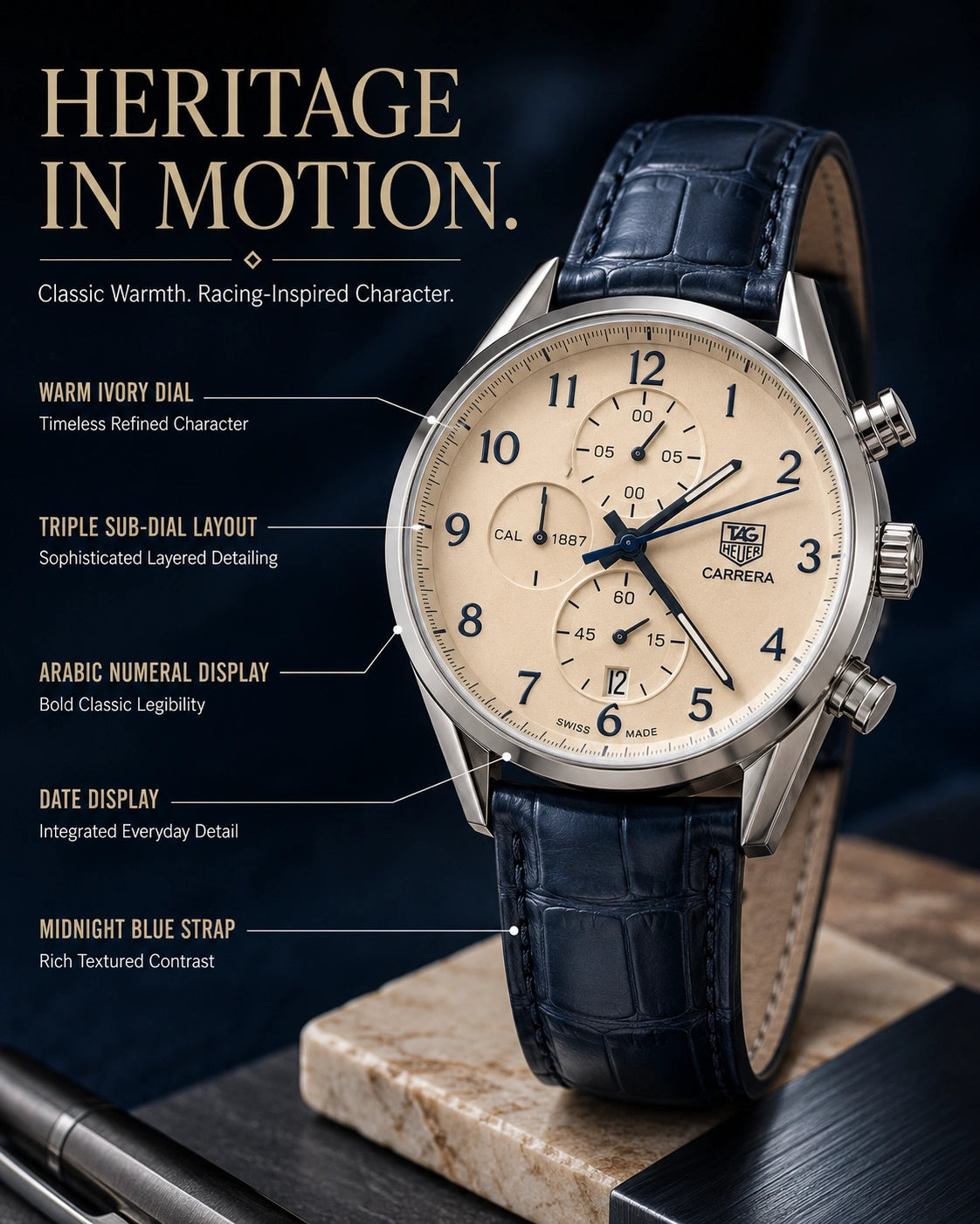 TAG Heuer Carrera Chronograph Watch | Ivory Dial | Blue Leather Strap | Stainless Steel Case