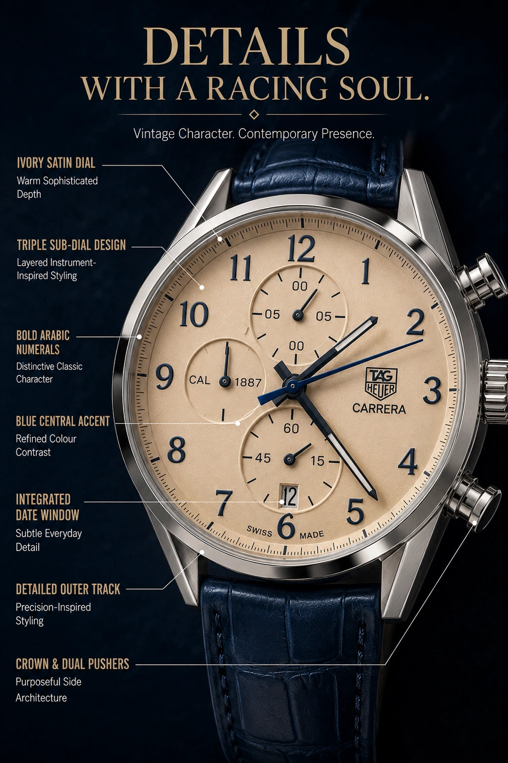 TAG Heuer Carrera Chronograph Watch | Ivory Dial | Blue Leather Strap | Stainless Steel Case