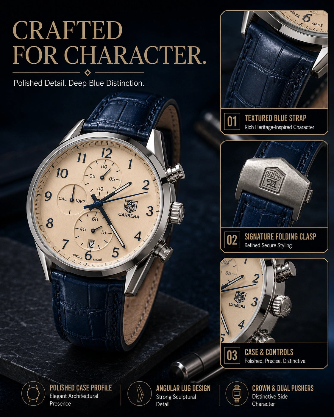 TAG Heuer Carrera Chronograph Watch | Ivory Dial | Blue Leather Strap | Stainless Steel Case