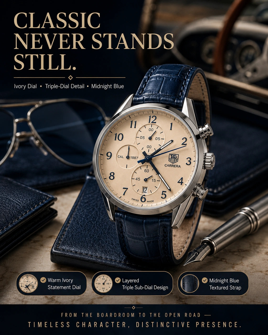 TAG Heuer Carrera Chronograph Watch | Ivory Dial | Blue Leather Strap | Stainless Steel Case