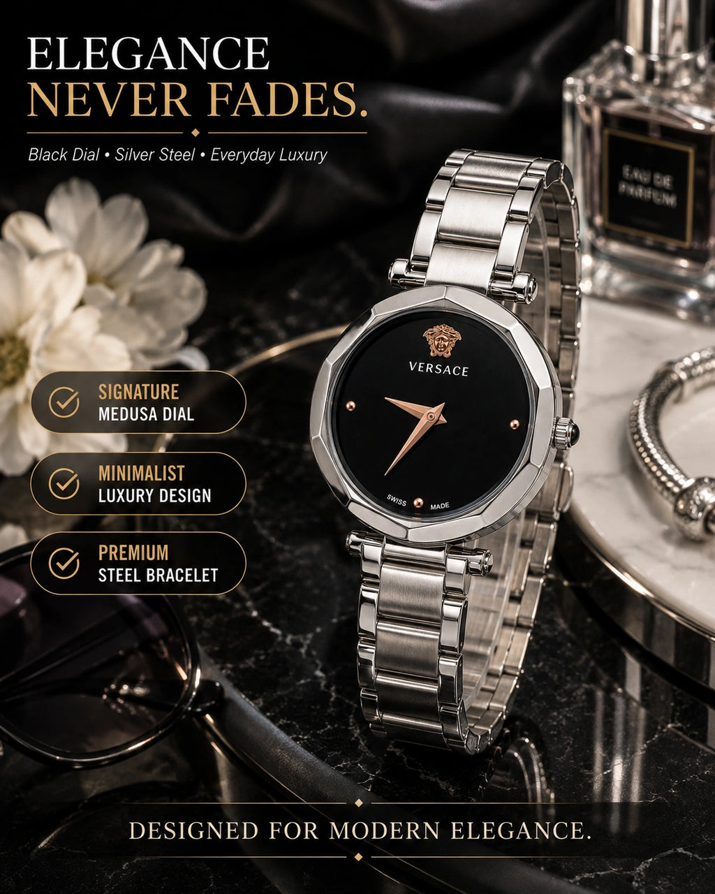 Versace Women's Silver Analog Watch | Black Dial | Premium Stainless Steel Bracelet Watch | Minimal Luxury Design
