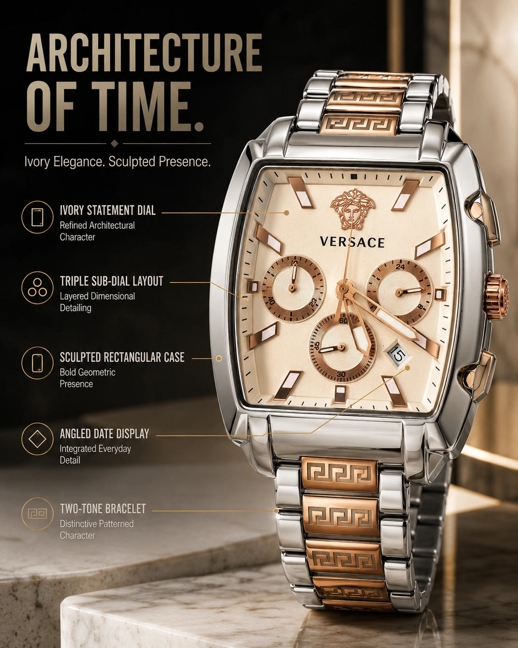 Versace Two-Tone Rectangular Chronograph Watch | Ivory Dial | Greca Bracelet | Stainless Steel Luxury Watch