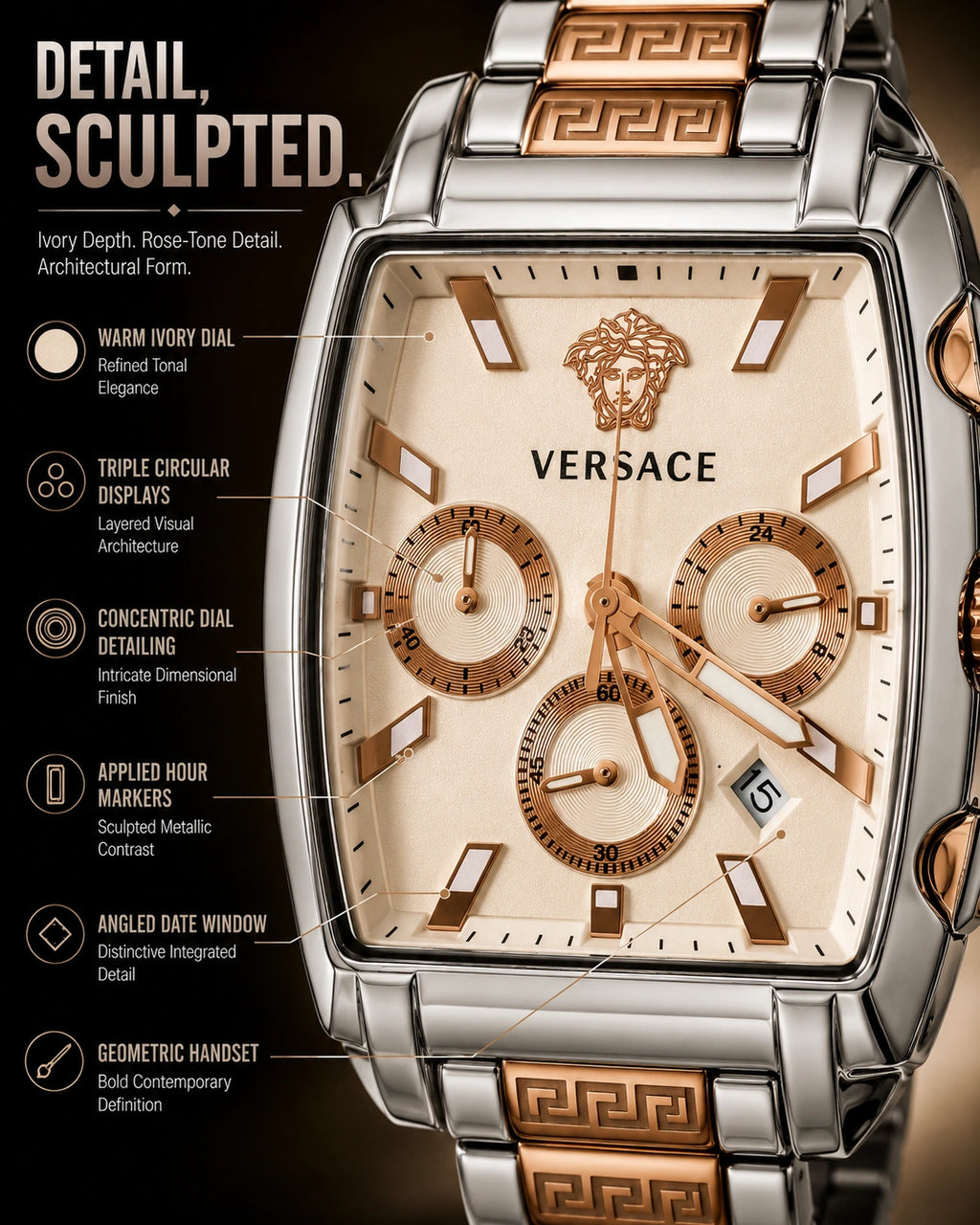 Versace Two-Tone Rectangular Chronograph Watch | Ivory Dial | Greca Bracelet | Stainless Steel Luxury Watch
