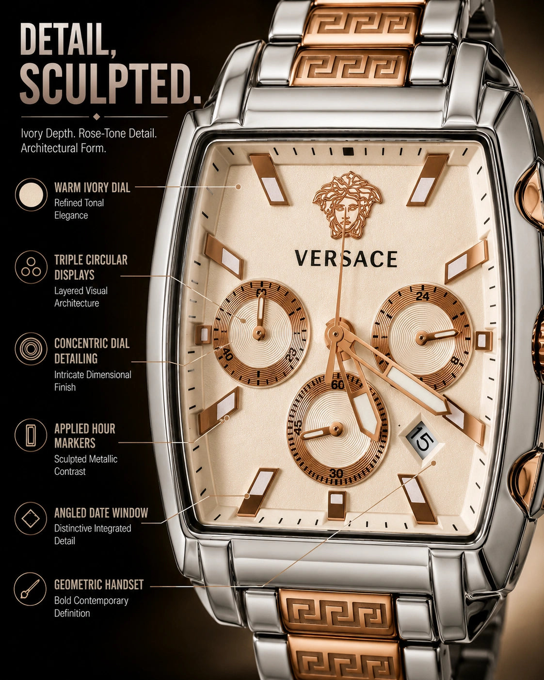 Versace Two-Tone Rectangular Chronograph Watch | Ivory Dial | Greca Bracelet | Stainless Steel Luxury Watch