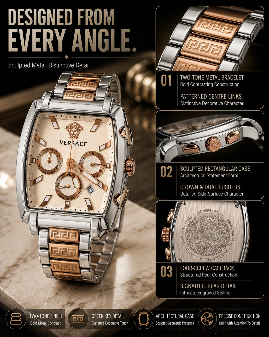 Versace Two-Tone Rectangular Chronograph Watch | Ivory Dial | Greca Bracelet | Stainless Steel Luxury Watch