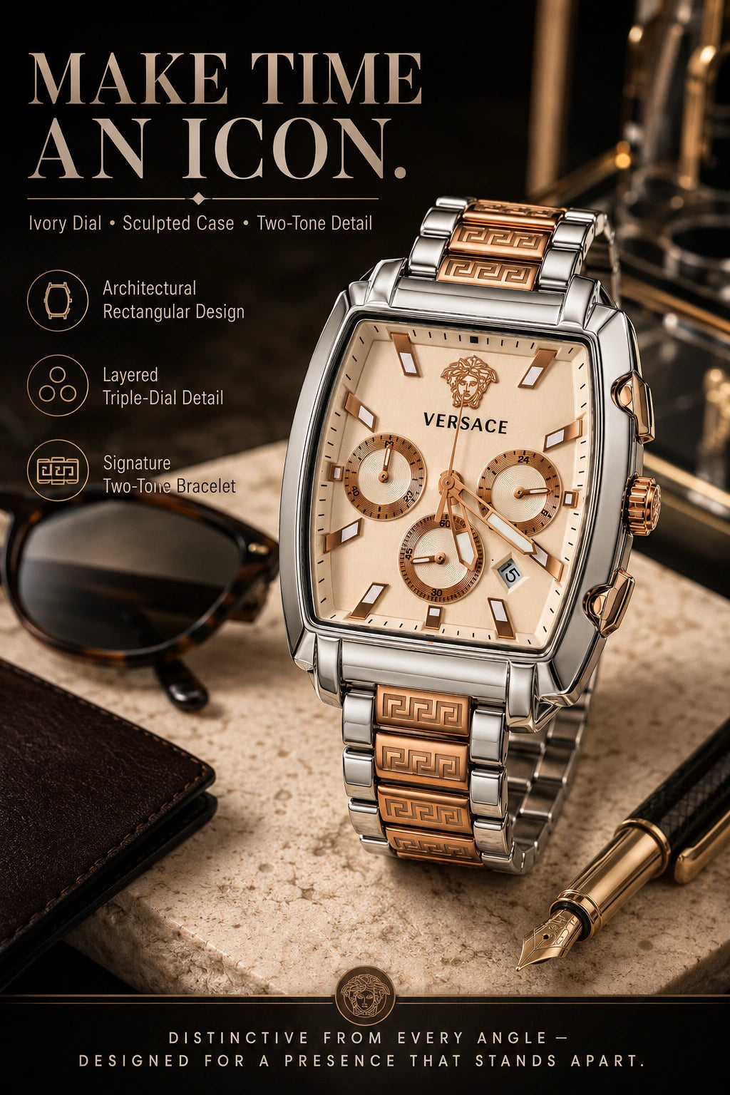 Versace Two-Tone Rectangular Chronograph Watch | Ivory Dial | Greca Bracelet | Stainless Steel Luxury Watch