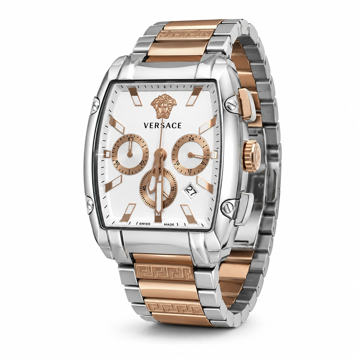 Versace Two-Tone Rectangular Chronograph Watch | Ivory Dial | Greca Bracelet | Stainless Steel Luxury Watch