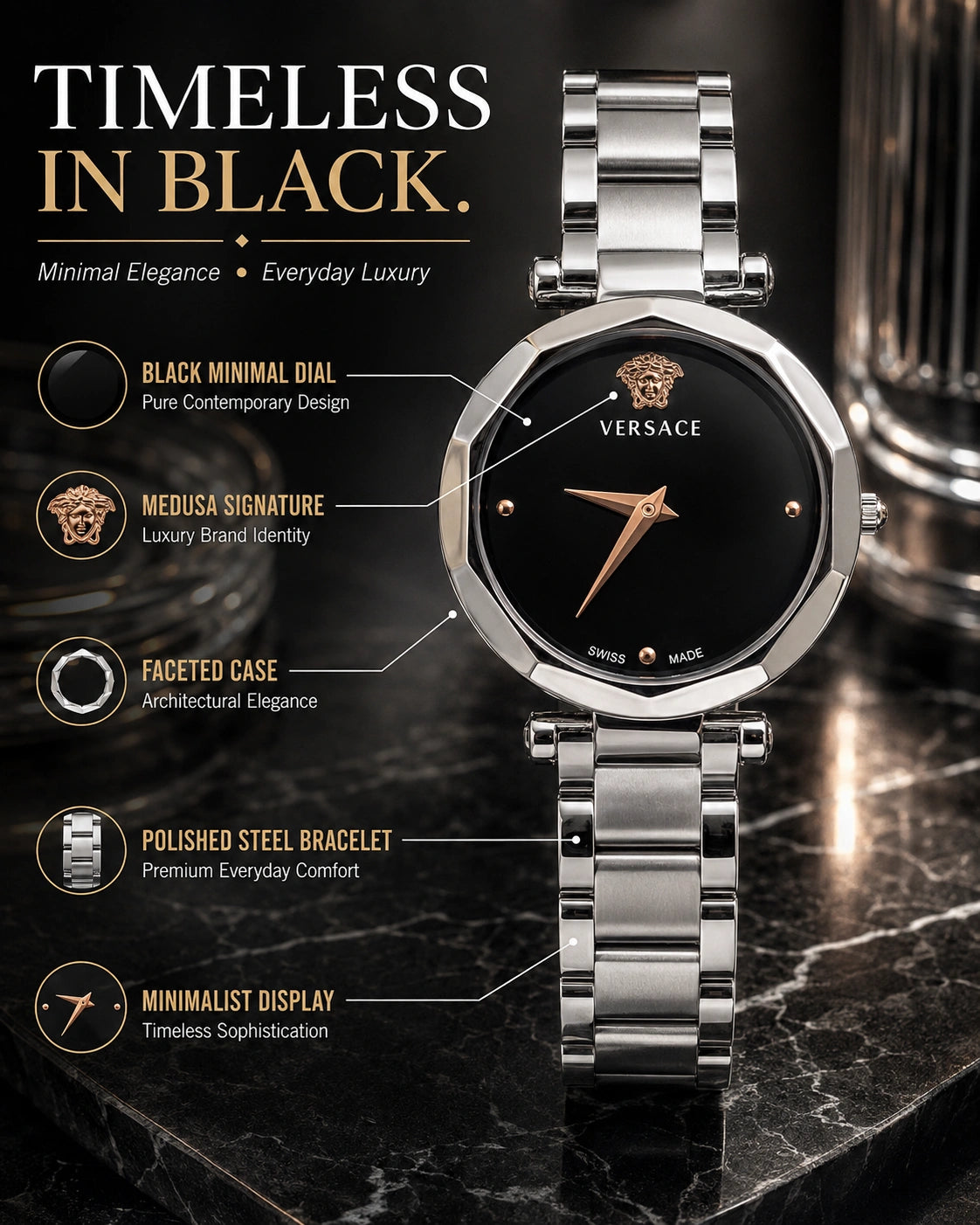 Versace Women's Silver Analog Watch | Black Dial | Premium Stainless Steel Bracelet Watch | Minimal Luxury Design