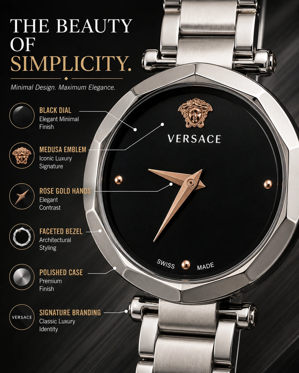 Versace Women's Silver Analog Watch | Black Dial | Premium Stainless Steel Bracelet Watch | Minimal Luxury Design