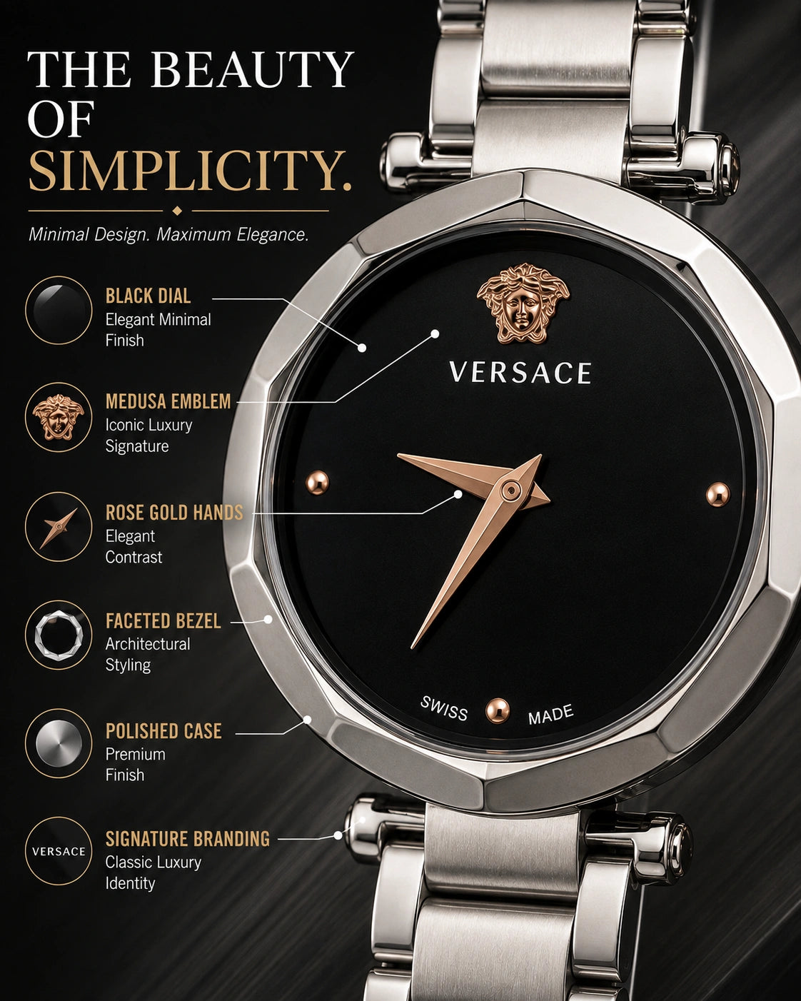 Versace Women's Silver Analog Watch | Black Dial | Premium Stainless Steel Bracelet Watch | Minimal Luxury Design