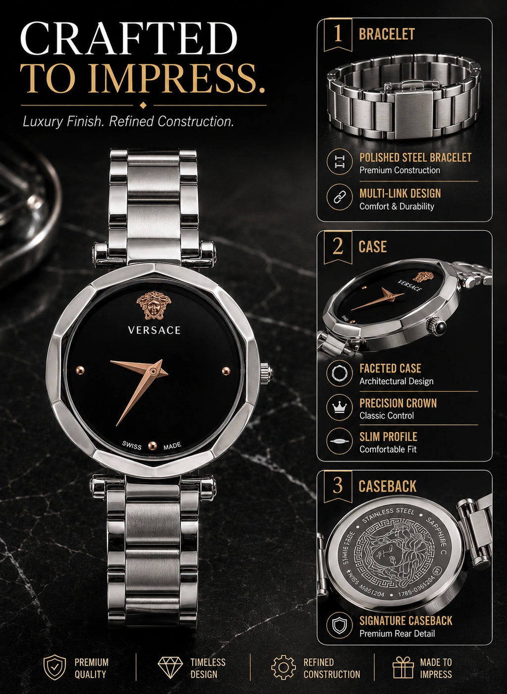 Versace Women's Silver Analog Watch | Black Dial | Premium Stainless Steel Bracelet Watch | Minimal Luxury Design