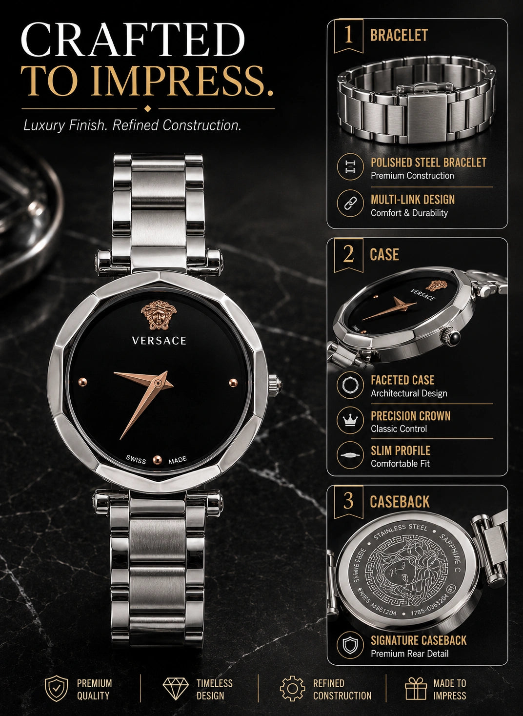 Versace Women's Silver Analog Watch | Black Dial | Premium Stainless Steel Bracelet Watch | Minimal Luxury Design