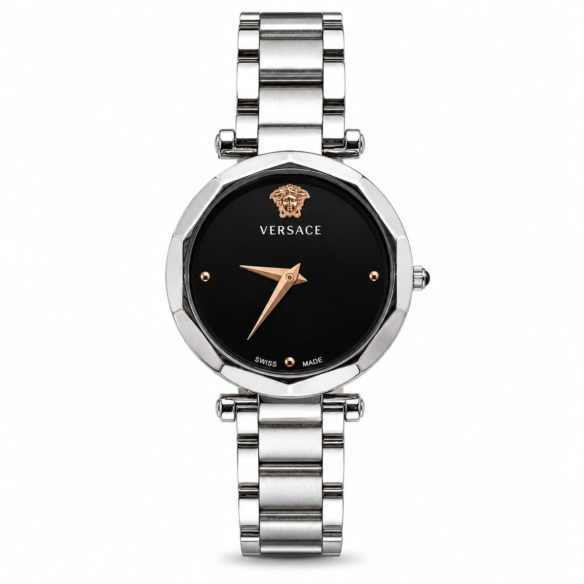 Versace Women's Silver Analog Watch | Black Dial | Premium Stainless Steel Bracelet Watch | Minimal Luxury Design