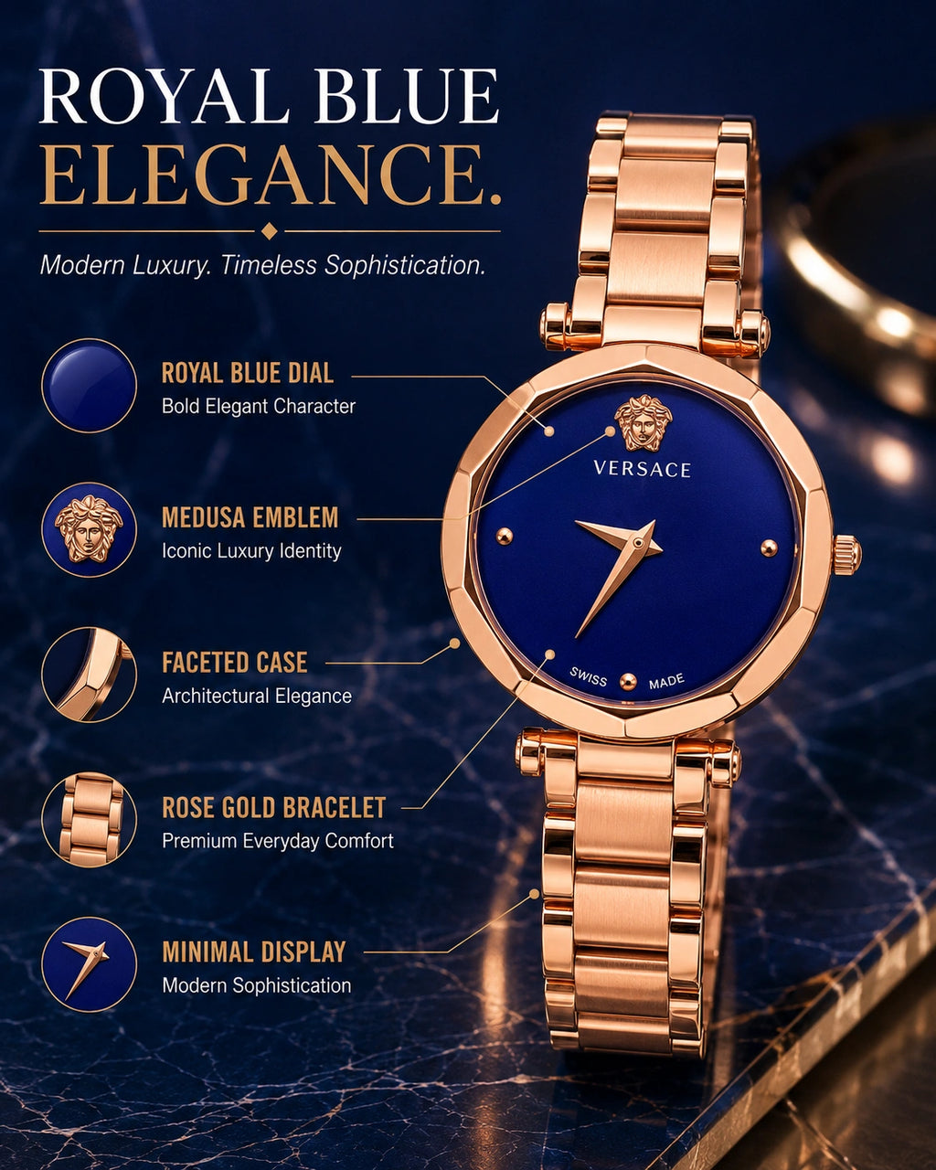 Versace Women's Rose Gold Analog Watch | Royal Blue Dial | Premium Stainless Steel Bracelet Watch | Elegant Luxury Fashion Watch