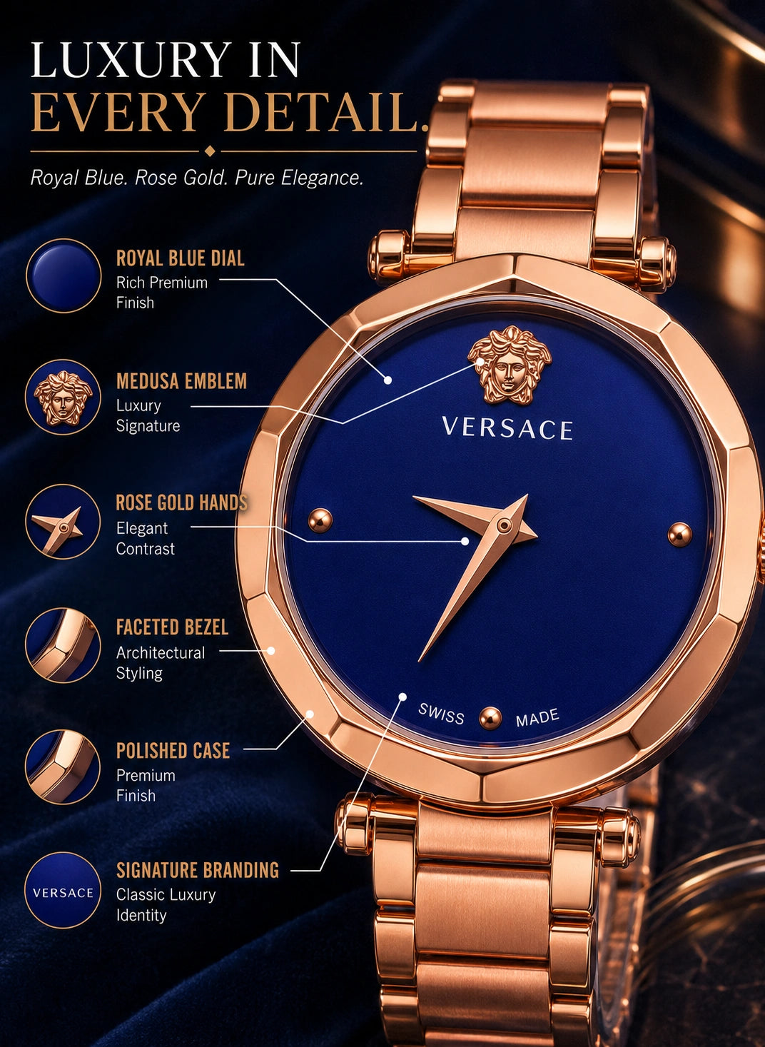 Versace Women's Rose Gold Analog Watch | Royal Blue Dial | Premium Stainless Steel Bracelet Watch | Elegant Luxury Fashion Watch