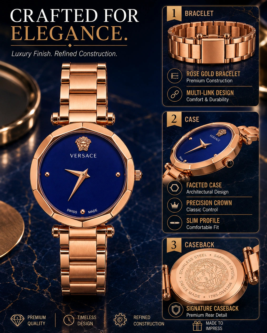 Versace Women's Rose Gold Analog Watch | Royal Blue Dial | Premium Stainless Steel Bracelet Watch | Elegant Luxury Fashion Watch