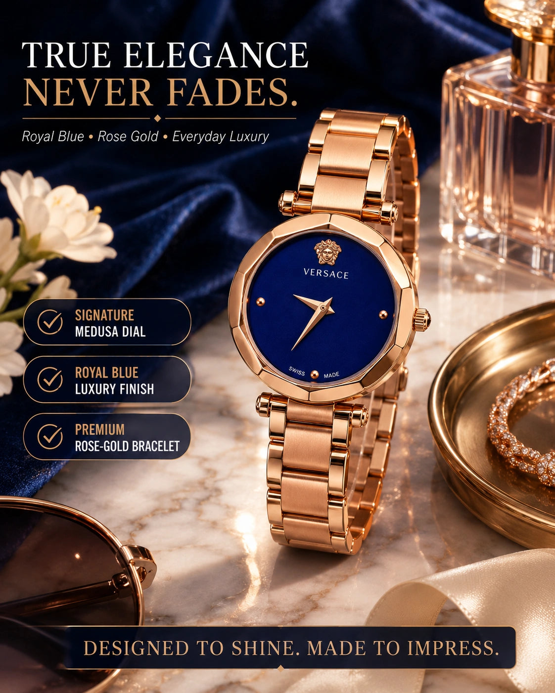 Versace Women's Rose Gold Analog Watch | Royal Blue Dial | Premium Stainless Steel Bracelet Watch | Elegant Luxury Fashion Watch