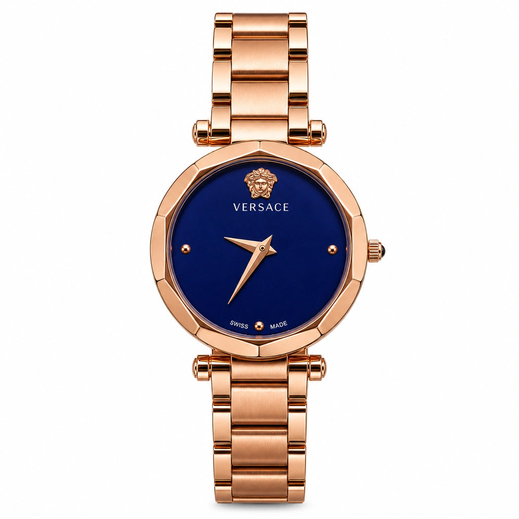 Versace Women's Rose Gold Analog Watch | Royal Blue Dial | Premium Stainless Steel Bracelet Watch | Elegant Luxury Fashion Watch
