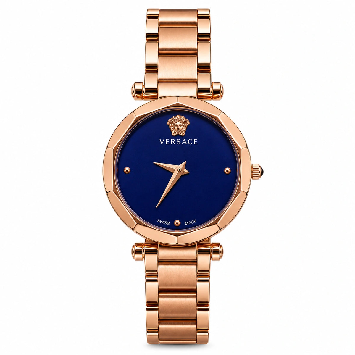 Versace Women's Rose Gold Analog Watch | Royal Blue Dial | Premium Stainless Steel Bracelet Watch | Elegant Luxury Fashion Watch