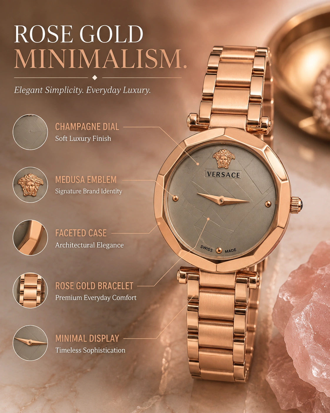 Versace Women's Rose Gold Analog Watch | Champagne Dial | Premium Stainless Steel Bracelet | Elegant Luxury Fashion Watch