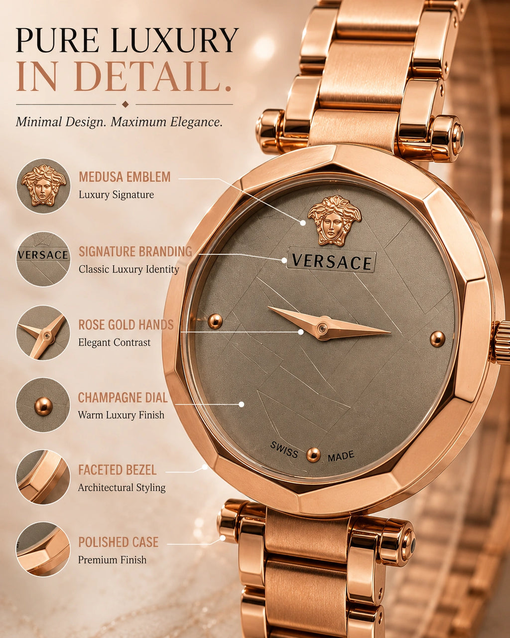 Versace Women's Rose Gold Analog Watch | Champagne Dial | Premium Stainless Steel Bracelet | Elegant Luxury Fashion Watch